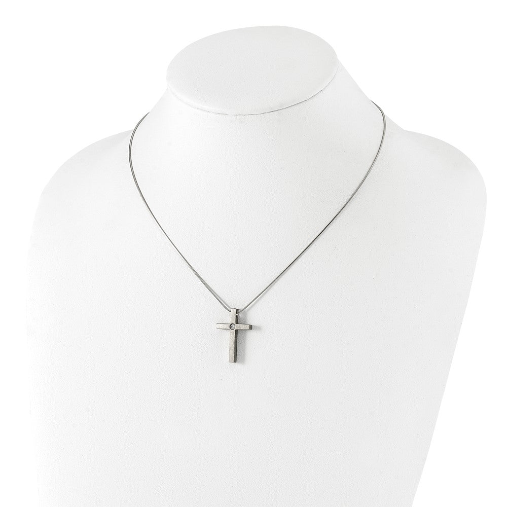 Titanium Brushed with CZ Cross 18in Necklace