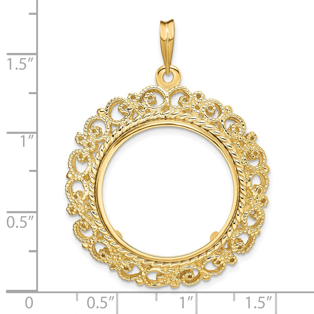 Wideband Distinguished Coin Jewelry 14k Polished and Textured Victorian 21.6mm Prong Coin Bezel Pendant