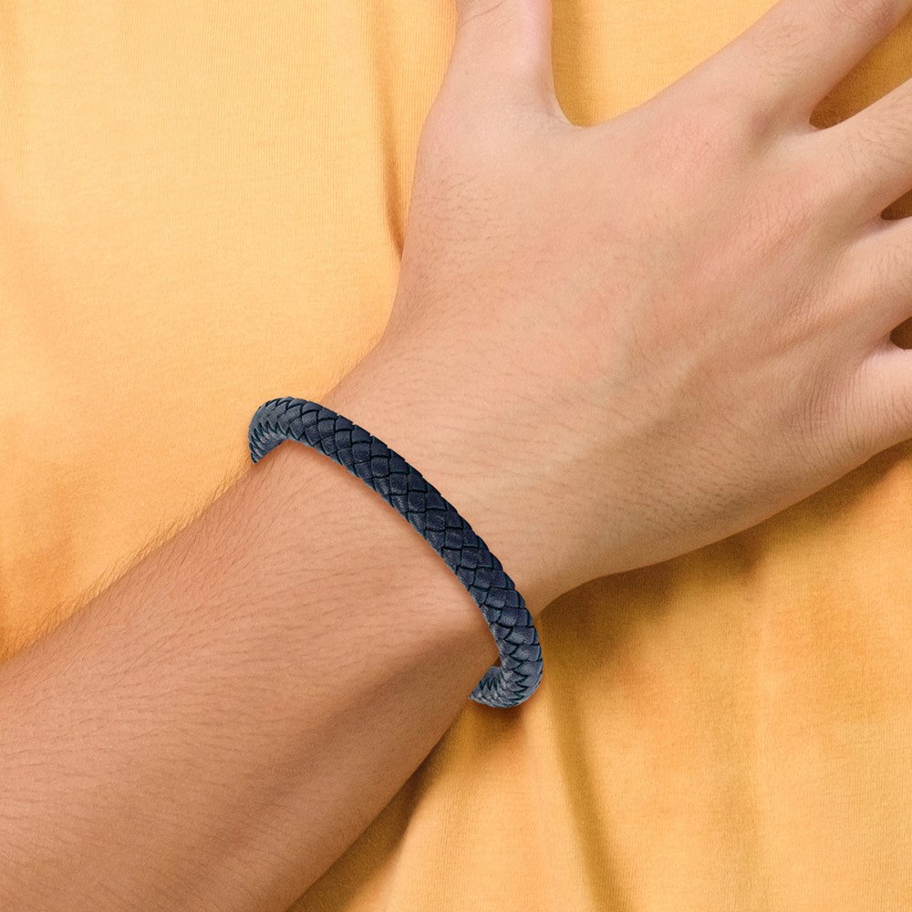 Stainless Steel Brushed Blue Leather Braided 8.5in Bracelet 8.5 inches
