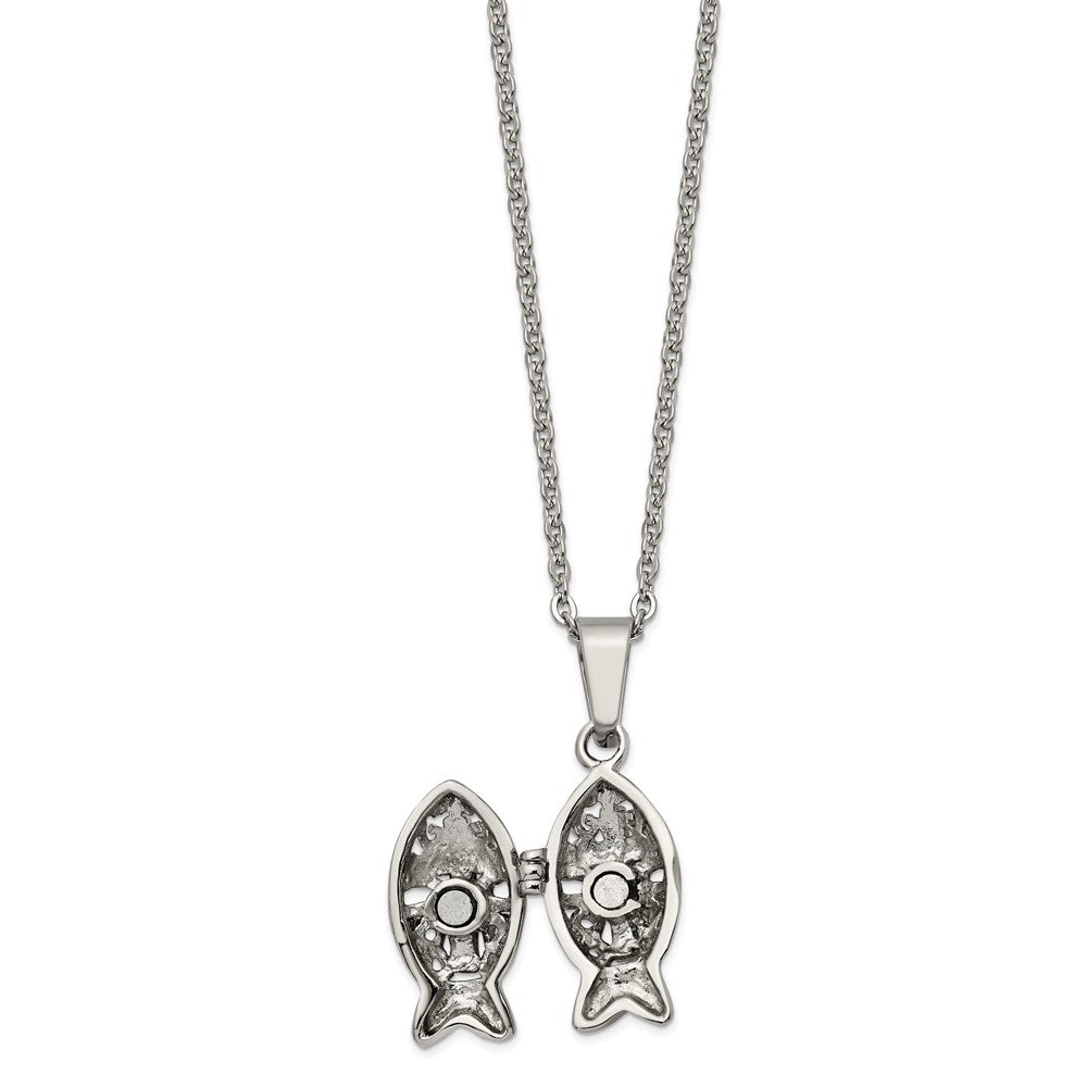 Stainless Steel Polished and Antiqued Magnetic Fish Prayer Box Necklace