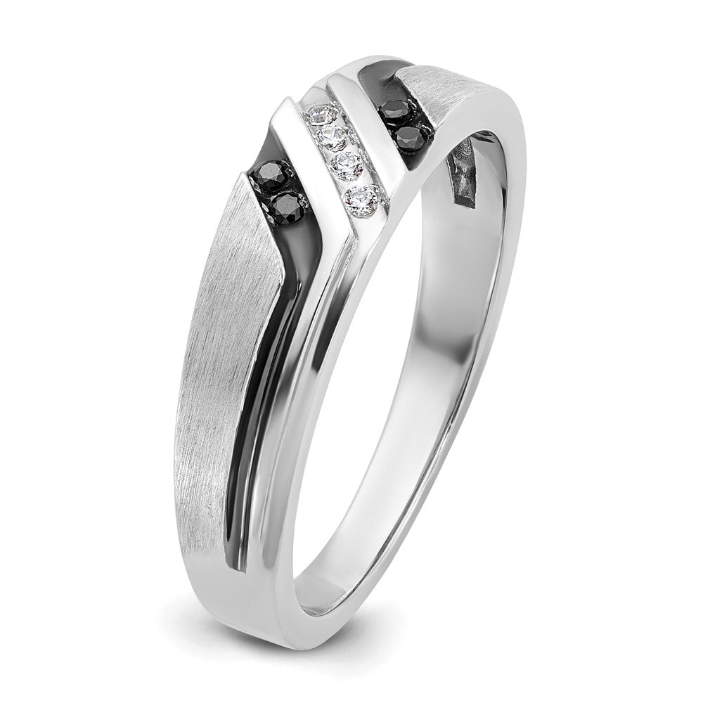 IBGoodman 14k White Gold 1/8 carat Lab Grown Diamond VS/SI+ G+ and 1/8 carat Black Mined Diamonds Complete Polished Satin and Grooved Men's Ring
