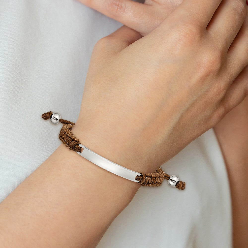 Stainless Steel Polished Brown Nylon Adjustable ID Bracelet 10.5 inches