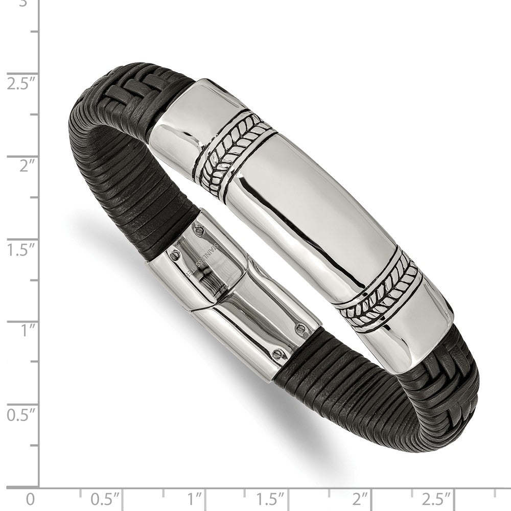 Stainless Steel Antiqued and Polished Black Leather 8.25in ID Bracelet 8.25 inches