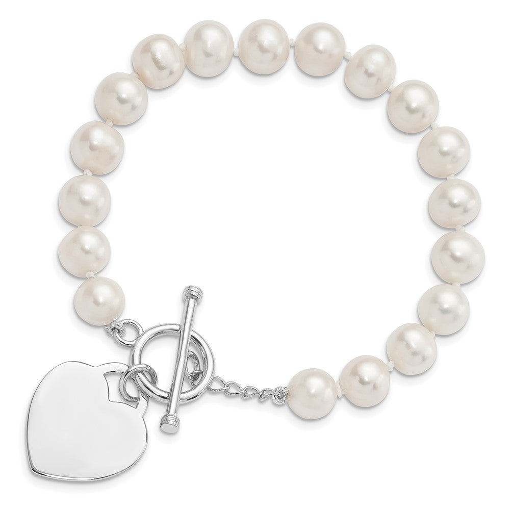 Sterling Silver Rhodium-plated 8-9mm White Near-Round Freshwater Cultured Pearl Heart Toggle 7.5 inch Bracelet 7.5 inches