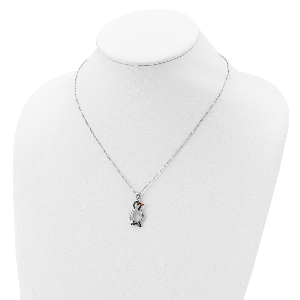 Cheryl M Sterling Silver Rhodium-plated with Black Rhodium Accent Enameled Brilliant-cut Black and White CZ Penguin 18 Inch Necklace 18 Inches