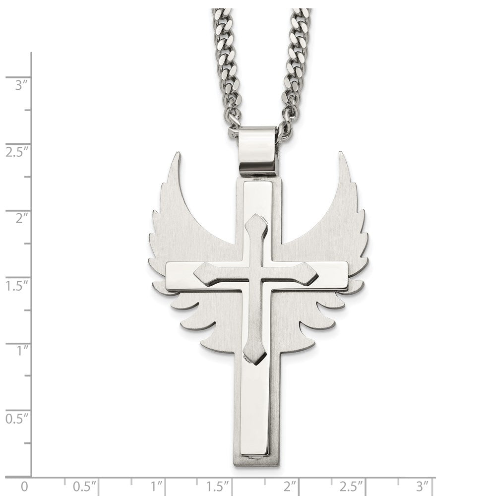 Stainless Steel Brushed and Polished Cross with Wings 20in Necklace