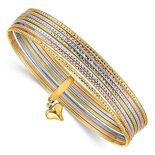 14K Oversize Tri-color Polished and Textured with Dangle Heart 7-Strand 11.00mm Slip-on Round Bangle Bracelet