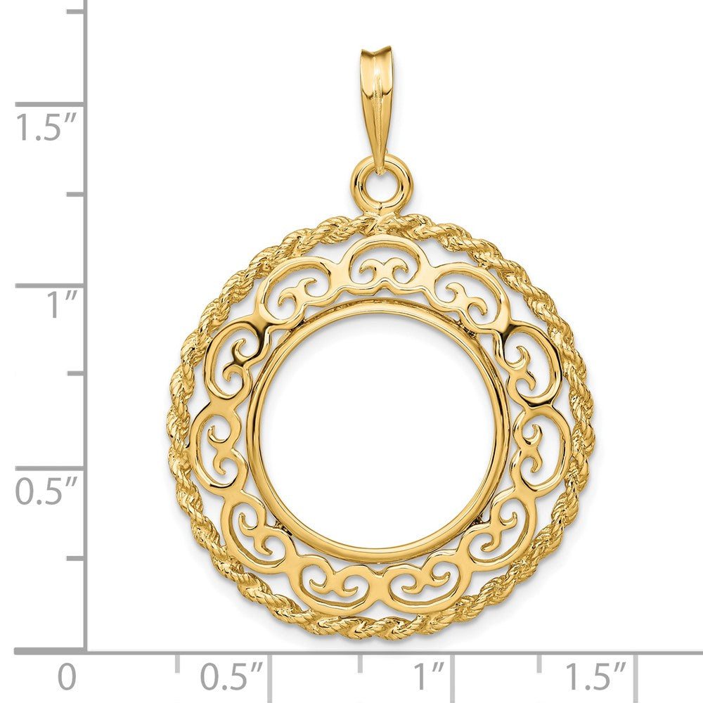 Wideband Distinguished Coin Jewelry 14k Polished Scroll Design with Rope Edge 17.8mm Prong Coin Bezel Pendant