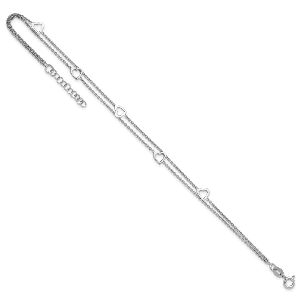 Sterling Silver Rhodium-plated 2-Strand 9 in Plus 1in ext. Heart Anklet 9 inches