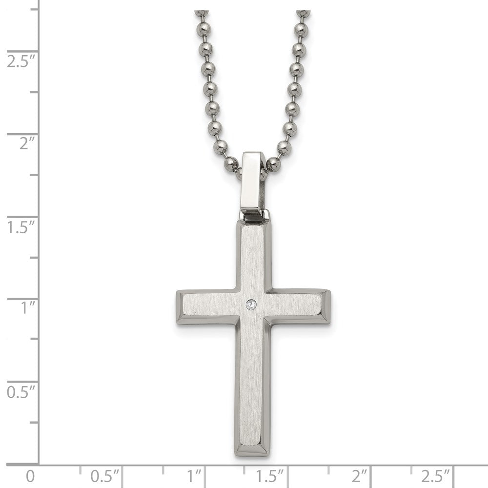 Stainless Steel Brushed & Polished w/.01ct Diamond Cross 22 inch Necklace