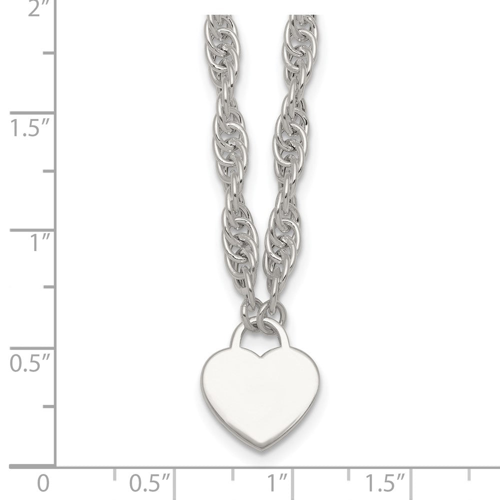 Sterling Silver Polished Fancy Engravable Heart Disc on Rope Chain 16 Inch with 2 Inch Extension Necklace 16 Inches