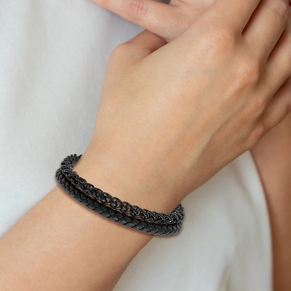 Stainless Steel Polished Black IP-plated Chain Black Leather 8.5in Bracelet 8.5 inches