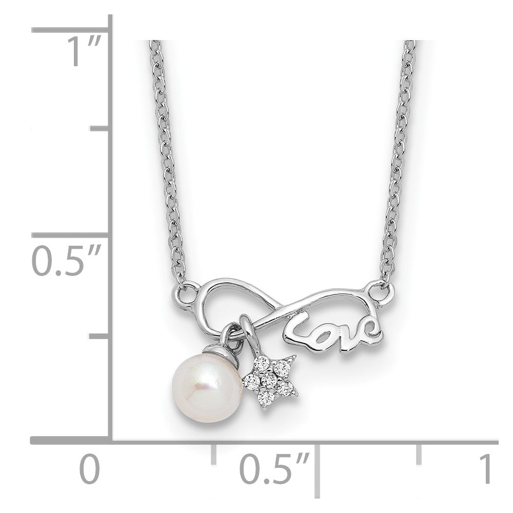 Sterling Silver RH-plated CZ 4mm FWC Pearl LOVE Infinity w/2in ext Necklace
