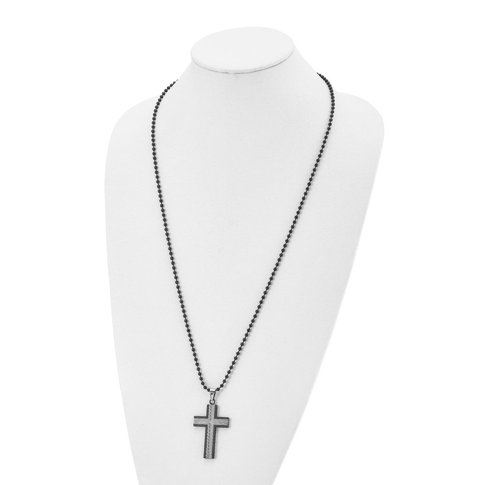 Stainless Steel Polished Black IP-plated w/CZ Cross 30in Necklace