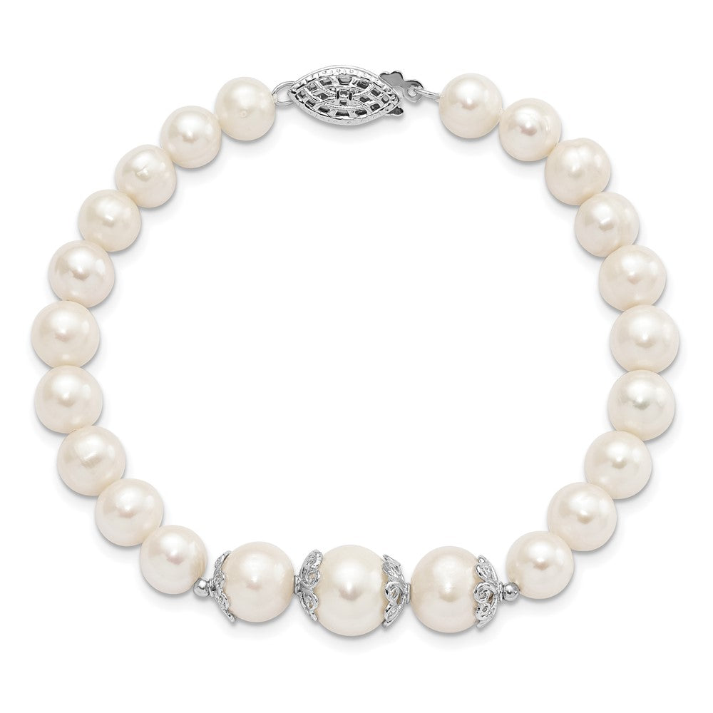 Sterling Silver Rhodium-plated 7-10mm White Near-Round Freshwater Cultured Pearl Fancy 7 inch Bracelet 7 inches