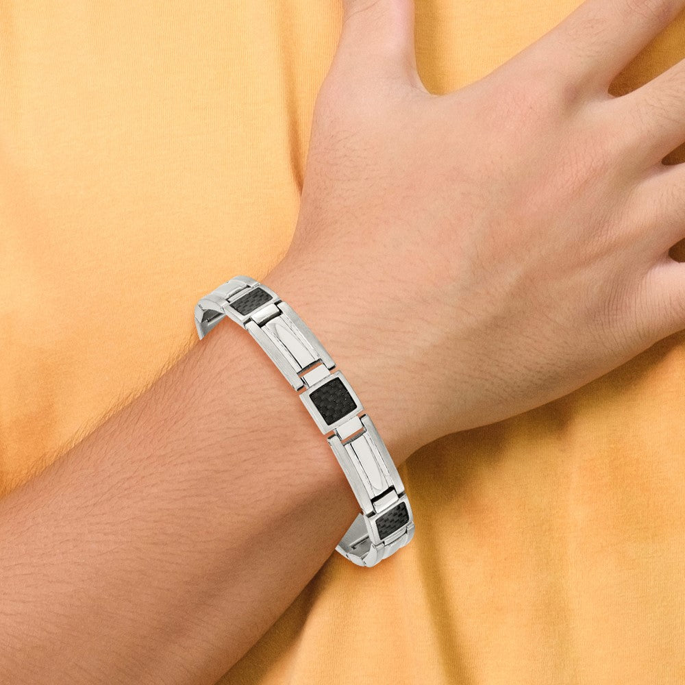 Stainless Steel Polished Black Carbon Fiber Inlay 8.75in Bracelet 8.75 inches