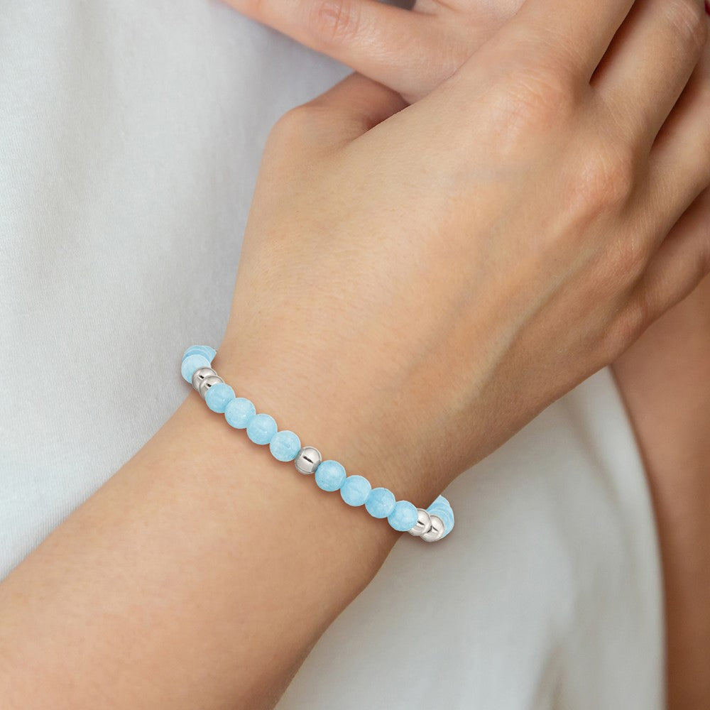 Stainless Steel Polished Blue Quartz Beaded Stretch Bracelet 7.25 inches