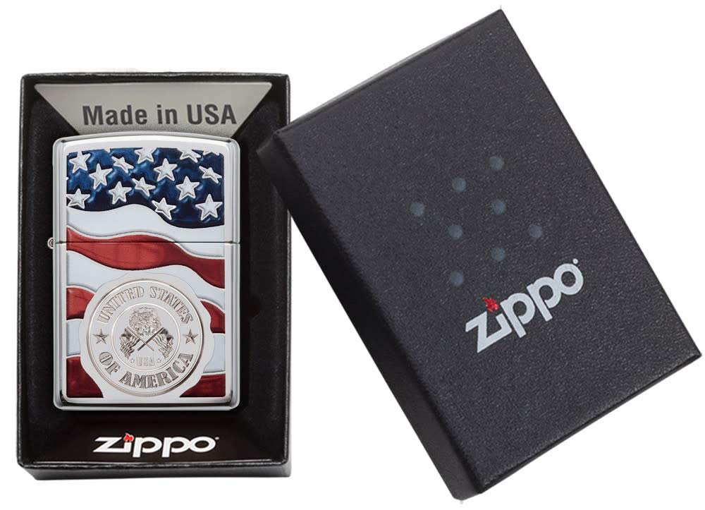 Zippo America Stamp on Flag High Polish Chrome Pocket Lighter