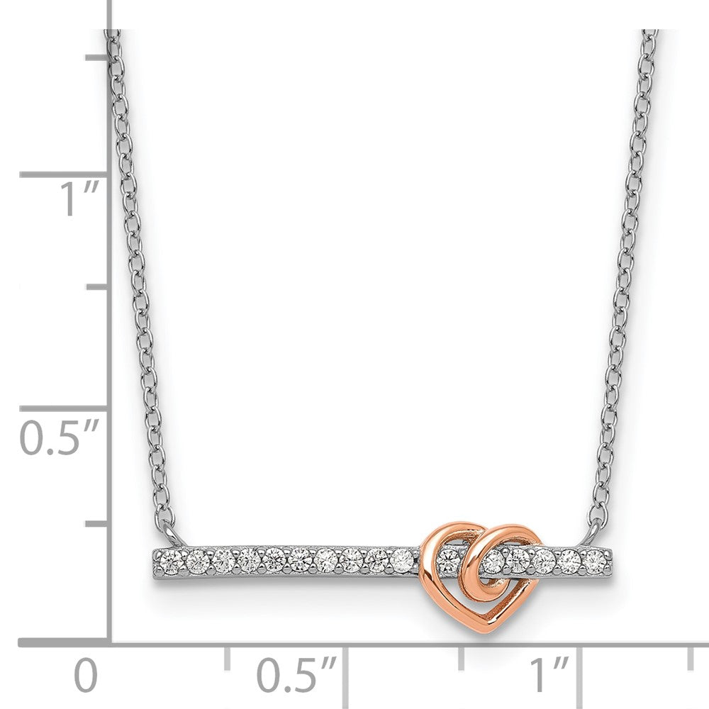 SS RH-pltd and Rose-tone CZ Heart Bar 16in w/2in Ext Necklace 16 Inches