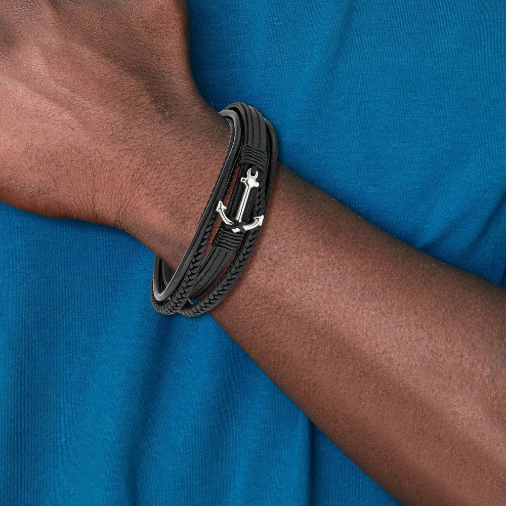 Stainless Steel Polished Anchor Genuine/PU Leather w/.5in ext Bracelet 7.25 inches