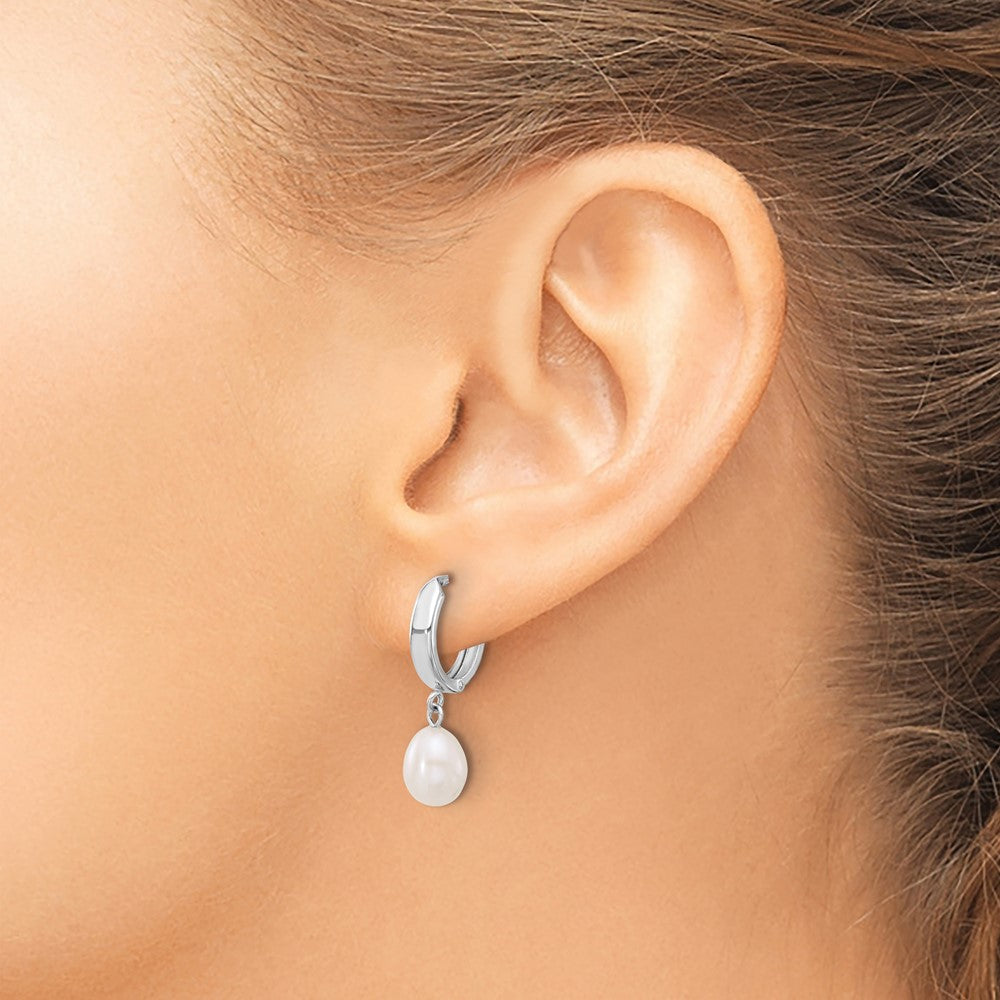 10K White Gold 6-7mm White Teardrop Freshwater Cultured Pearl Hoop Dangle Earrings