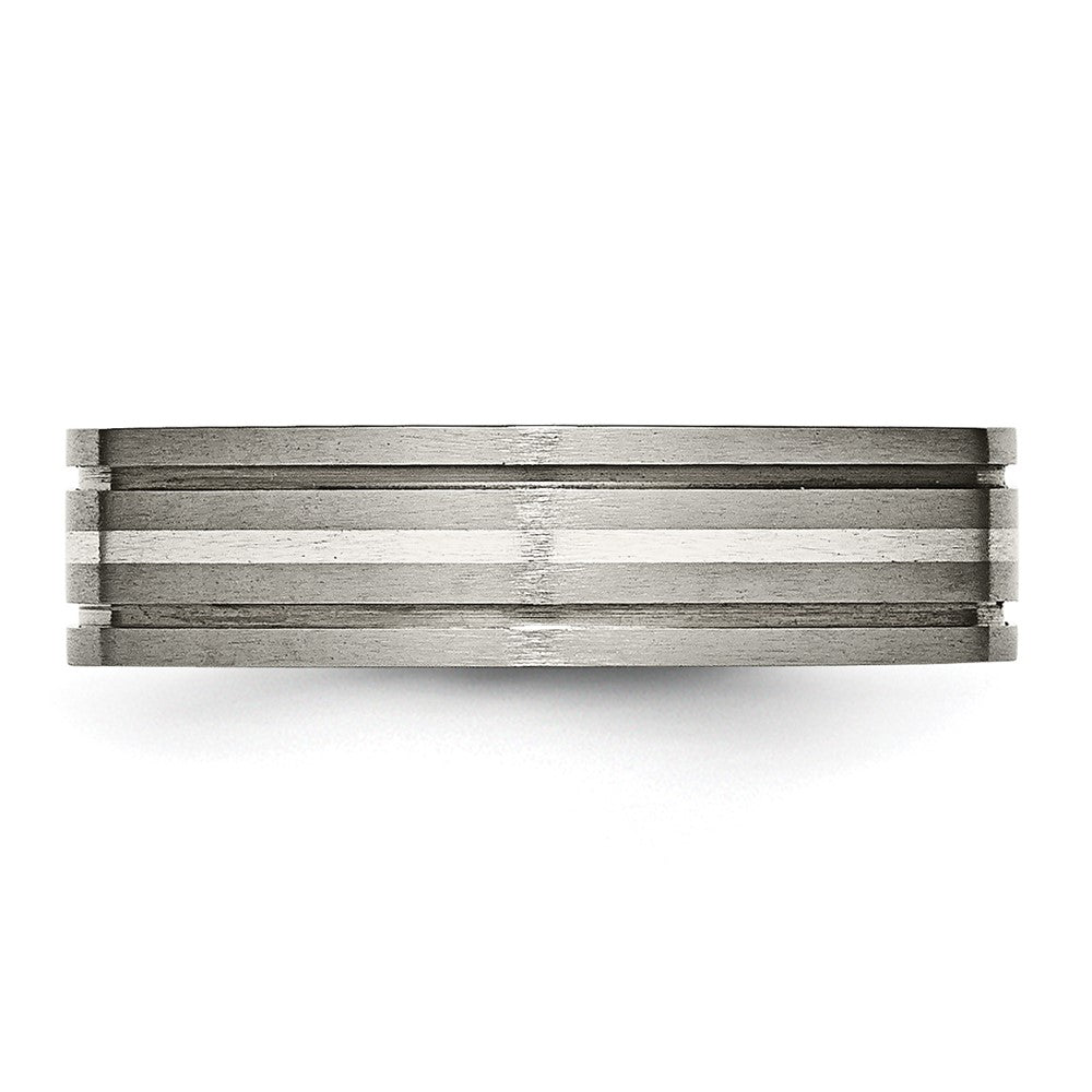 Titanium Brushed w/Sterling Silver Inlay 6mm Grooved Band Size - 6.5