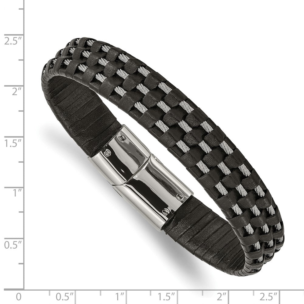 Stainless Steel Polished Black Leather and Wire 8.5in Bracelet 8.5 inches