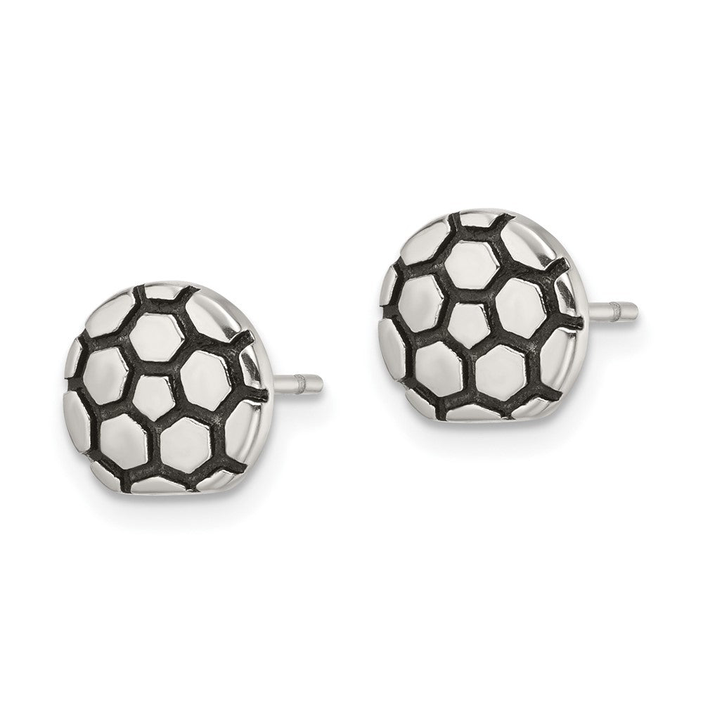 Stainless Steel Antiqued and Polished Soccer Ball Post Earrings