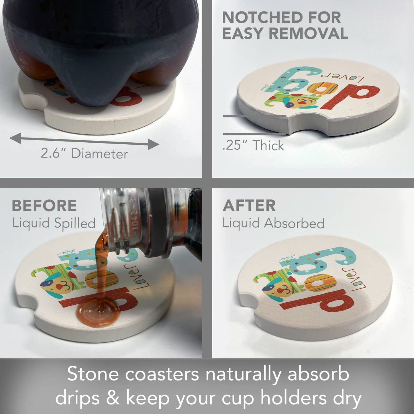 CounterArt "Dog Lover" 1 Pack Absorbent Stone Coaster for Vehicle Cup Holder 2.6” Diameter