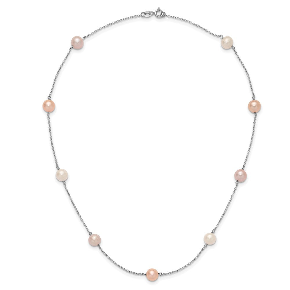 Sterling Silver Rhodium-plated 7-8mm White, Pink and Purple Near-Round Freshwater Cultured Pearl 9-Station 18 inch Necklace 18 Inches