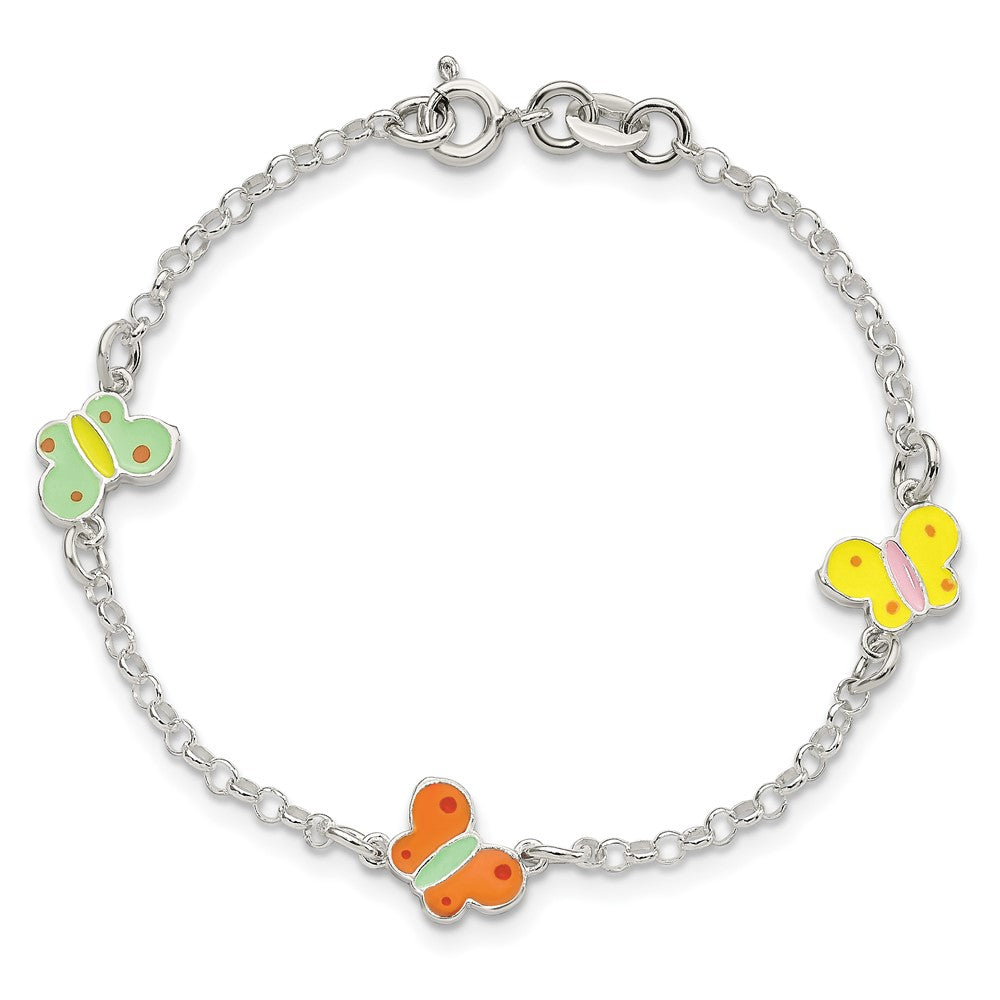 Sterling Silver Polished Multi-color Enamel Butterflies Children's Bracelet 6 inches