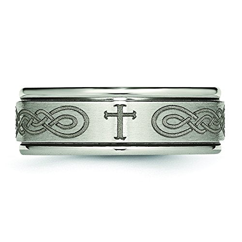 Titanium Brushed & Polished Cross Laser Design 8mm Ridged Edge Band Size - 13