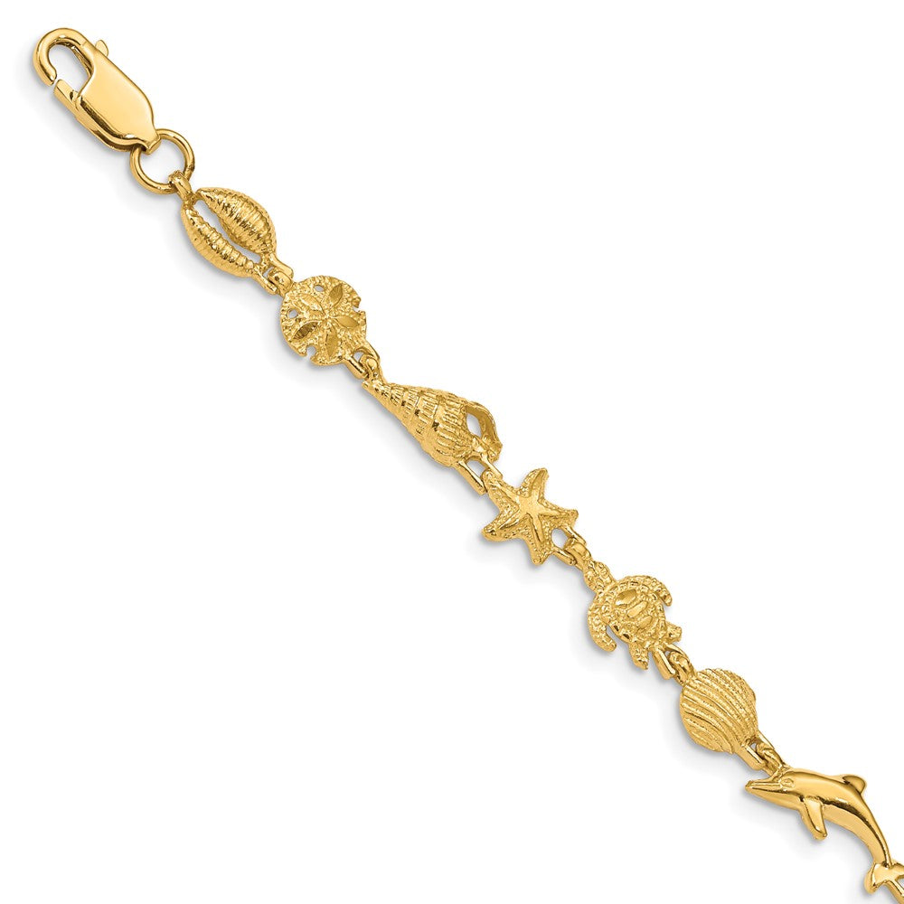 14K Gold Polished and Textured Sea Life Bracelet 7.5 inches