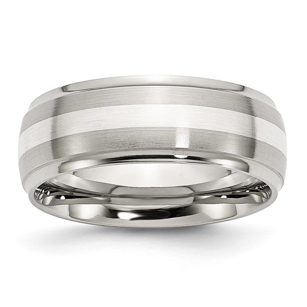 Stainless Steel Sterling Silver Inlay Brushed/Polished 8mm Ridged Edge Band Size - 12.5