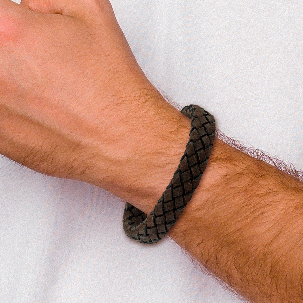 Stainless Steel Brushed Brown Leather 8.25in Bracelet 8.25 inches