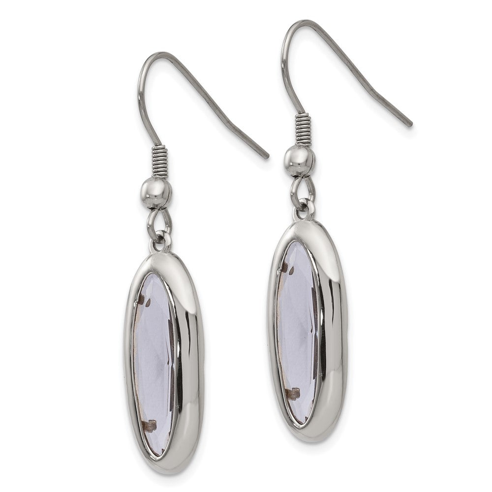 Stainless Steel Polished Grey Glass Oval Dangle Shepherd Hook Earrings