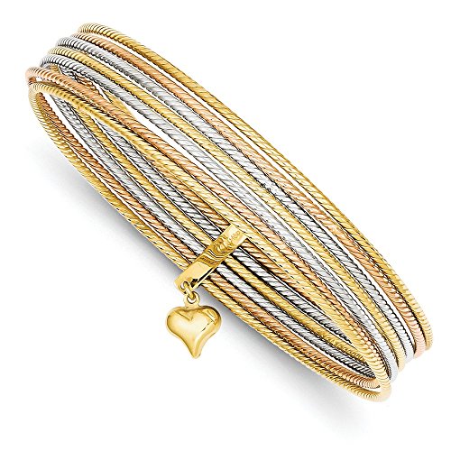 14K Tri-color Polished and Textured with Dangle Heart 7-Strand 11.00mm Slip-on Round Bangle Bracelet