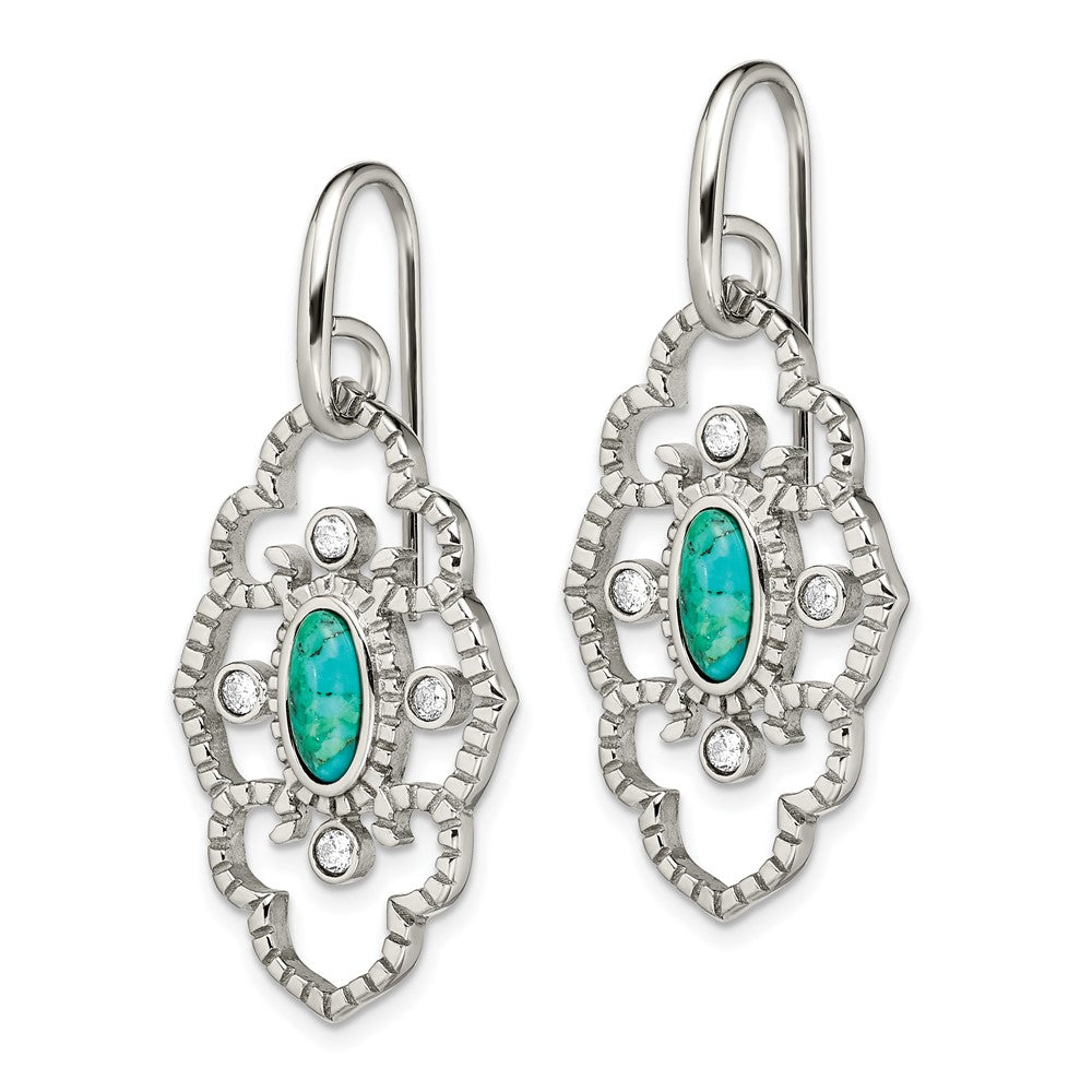 Stainless Steel Polished Imit. Turquoise & CZ Dangle Earrings