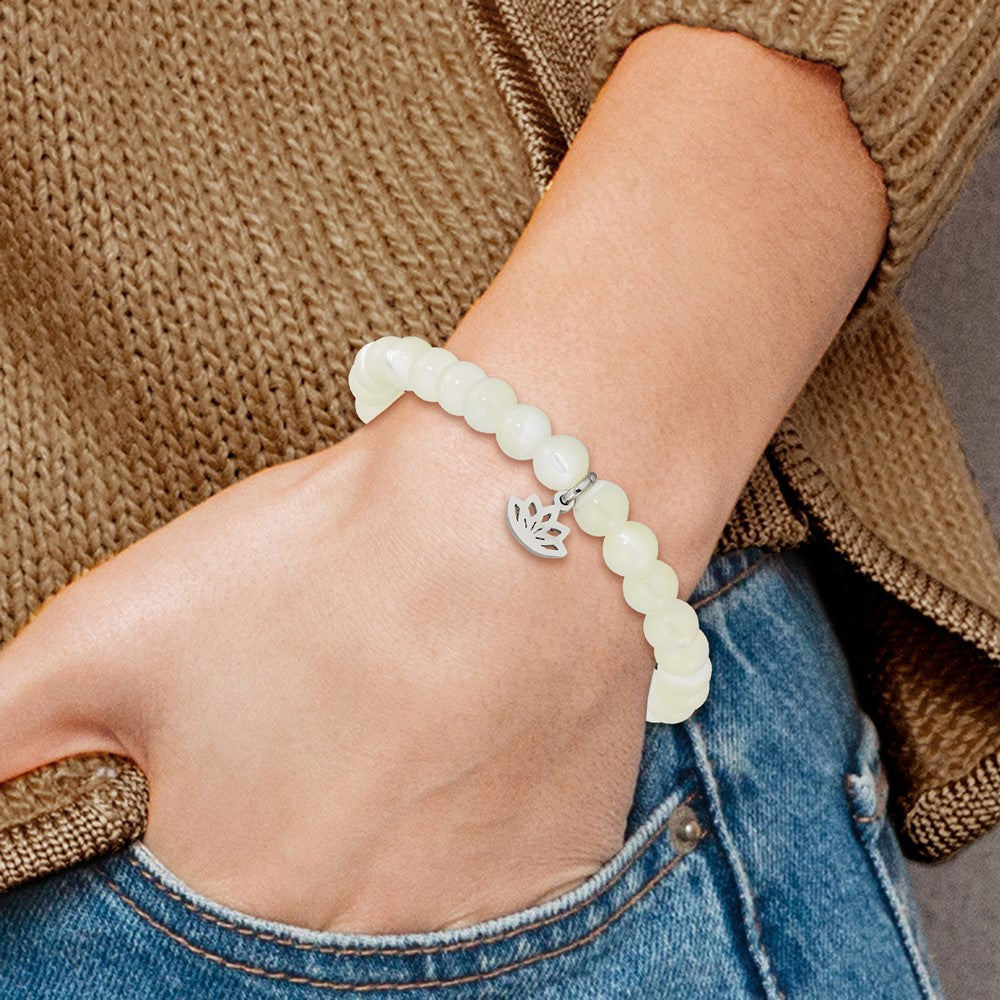 Stainless Steel Polished Lotus Mother of Pearl Beaded Stretch Bracelet 6.5 inches