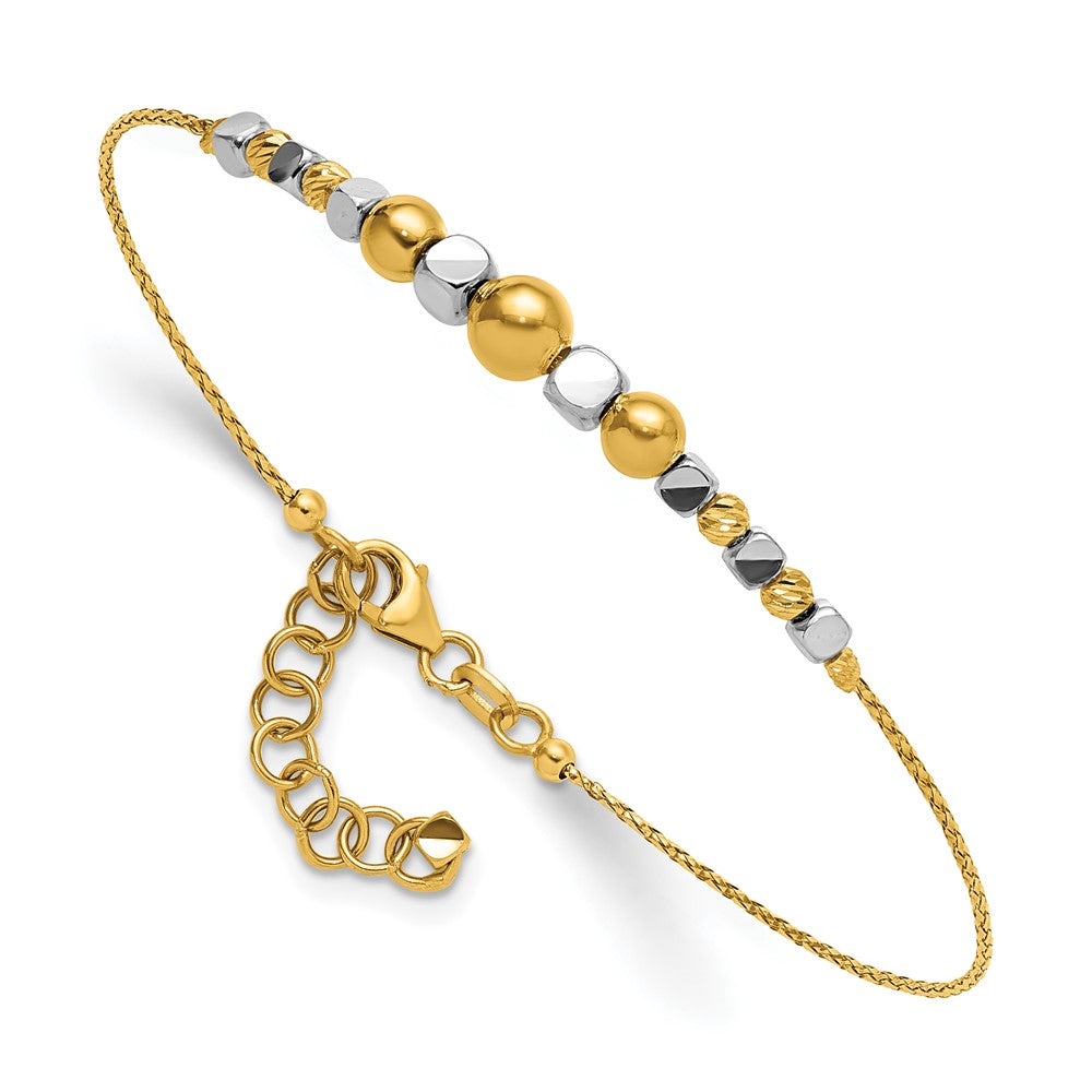 14K Two-Tone Polished Diamond-cut Beaded 7in w/1in ext. Bracelet 8 inches