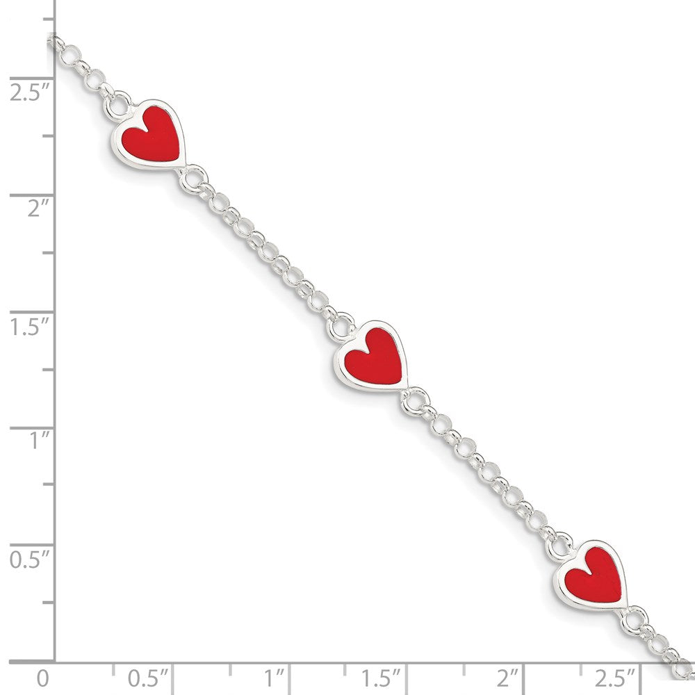 Sterling Silver Polished & Red Enamel Heart w/ 1in ext Children's Bracelet 6 inches