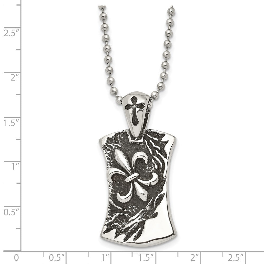 Stainless Steel Antiqued and Polished Fleur de lis Dog Tag 22in Necklace