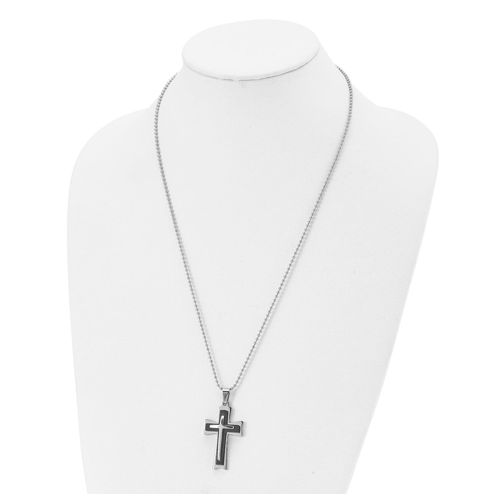 Stainless Steel Polished with Black Acrylic Cross 24in Necklace