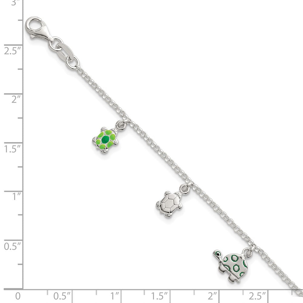 Sterling Silver Polished Green Enamel Turtles Childrens 6 inch Bracelet