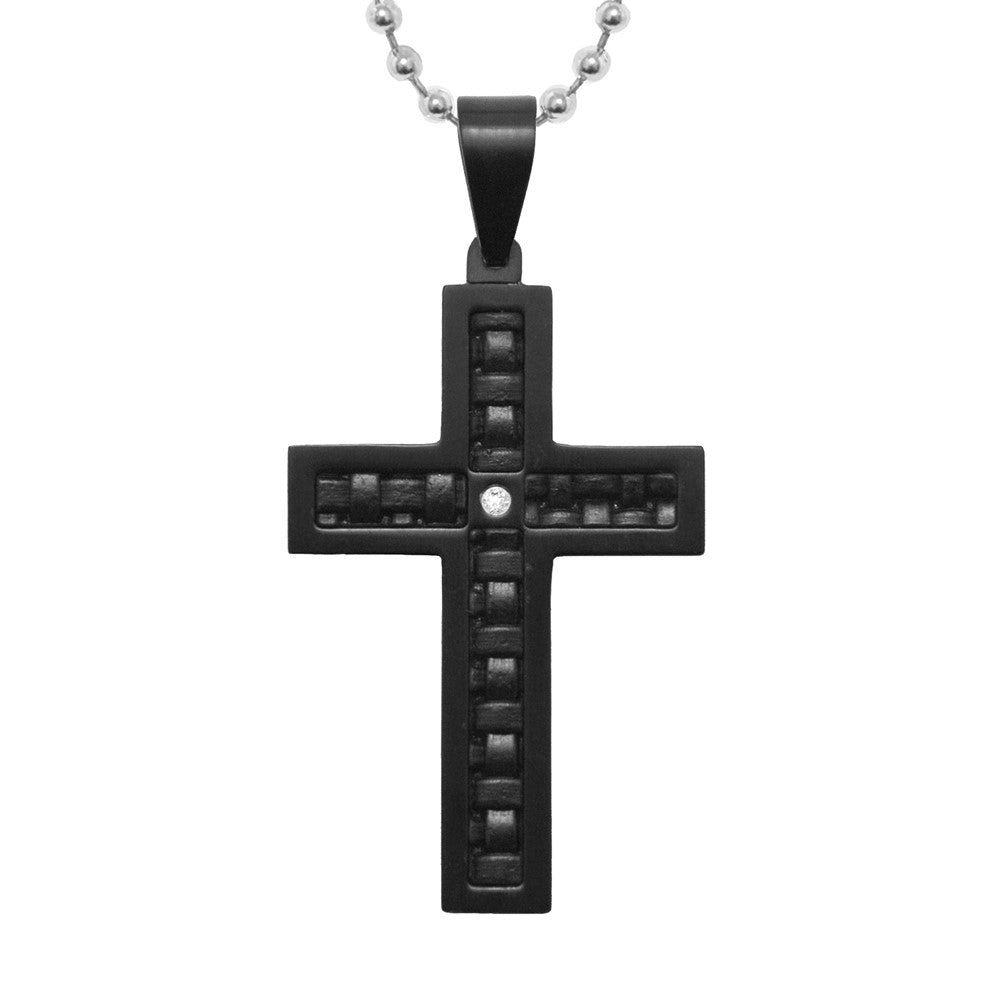 Stainless Steel Black Leather & Black IP .025 TCW Dia Cross Pendant on 2.