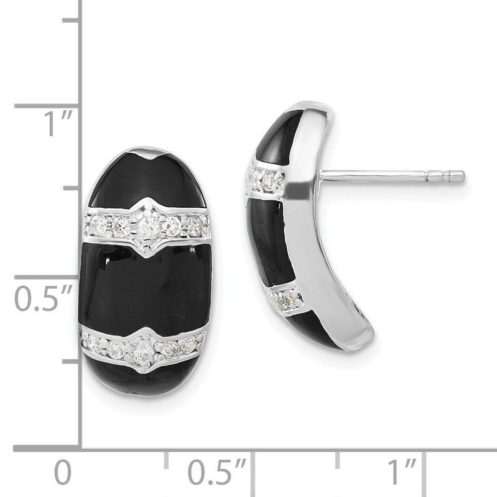 Sterling Silver Polished Black Enamel & CZ Post Dangle Earrings