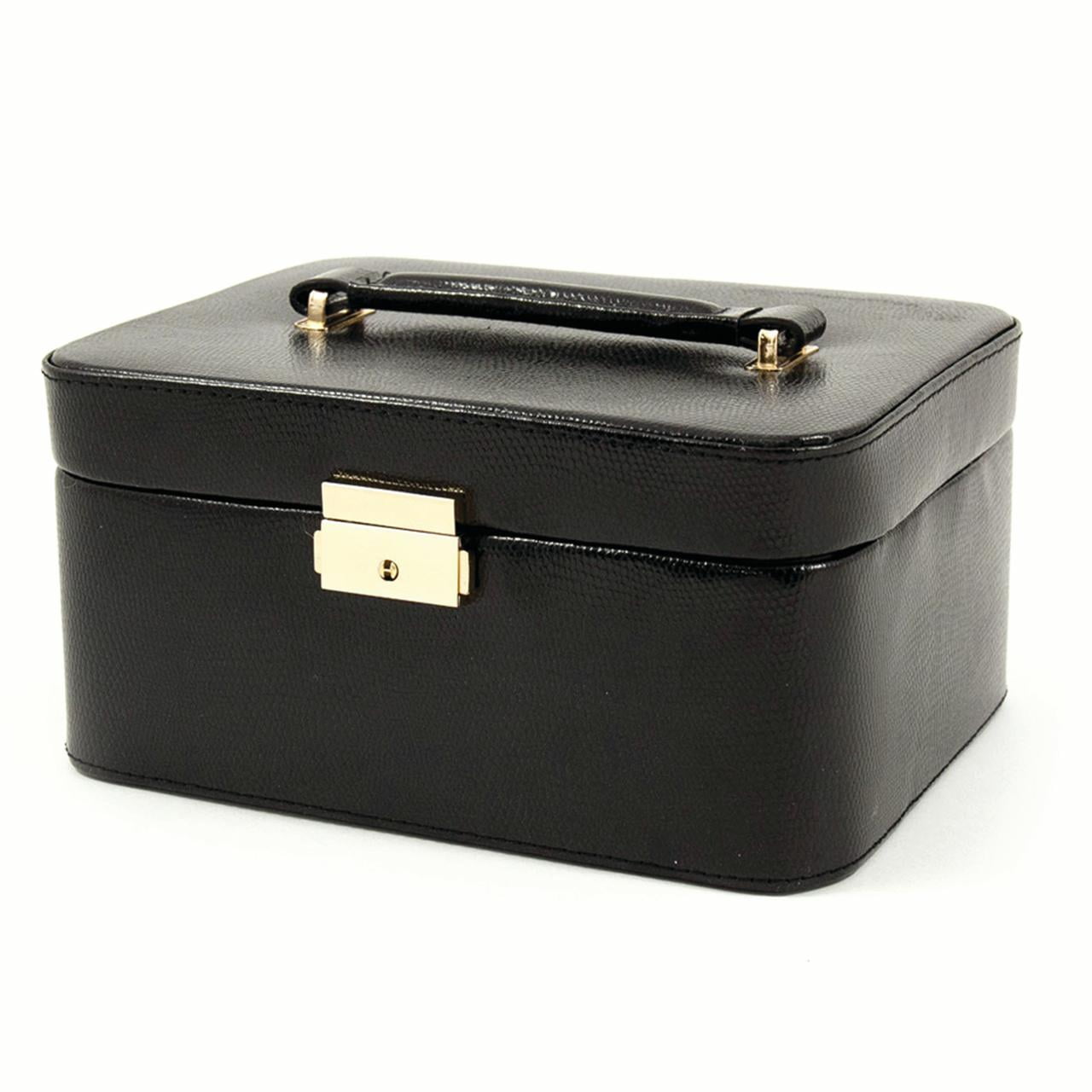 Black Lizard Textured Bonded Leather with Mirror and Top Handle Velour Lined Locking Jewelry Case with Removable Tray and Travel Case GM8764