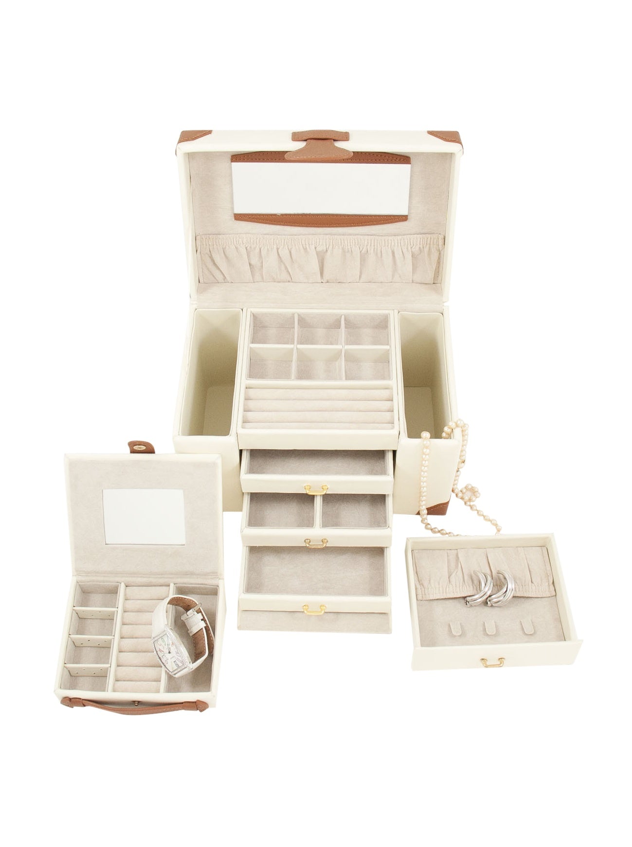 Bey-Berk International BB627IVR Ivory Leather 4 Level Multi Compartment Jewelry Box