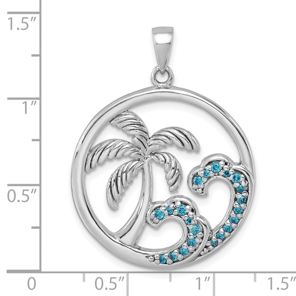 Sterling Silver Rhodium-Plated CZ Wave and Palm Tree Pendant