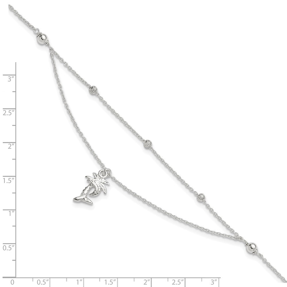 Sterling Silver Polished 2-Strand Palm Tree 9in Plus 1in Ext Anklet 9 inches